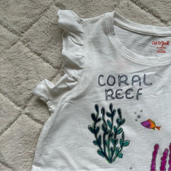 Cat & Jack | White Short Sleeve Ruffle Coral Reef Tee | Size Extra Large (14-16) - Picture 7 of 13